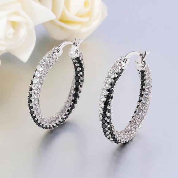14K White Gold 925 Silver Black Onyx and Diamond Cubic Zirconia Hoop Earrings - Picture 2 of 6